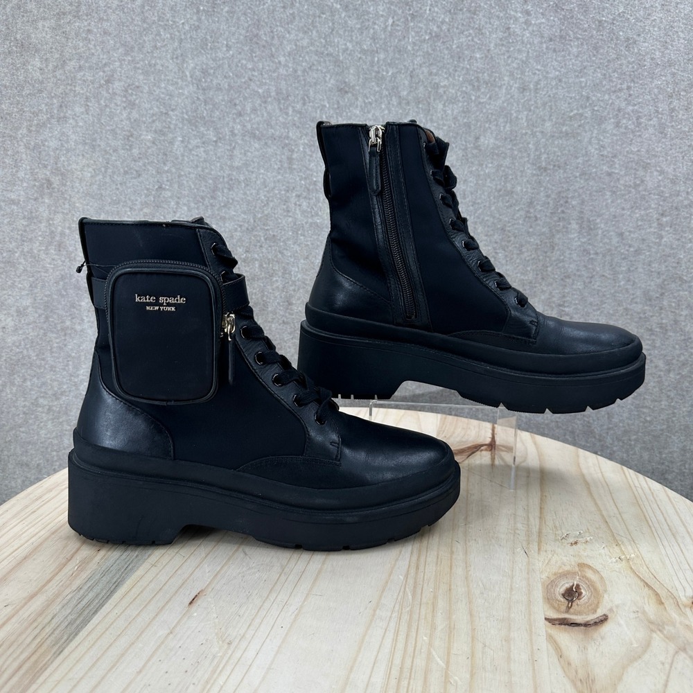 Kate Spade Winona Combat Boots Womens 9.5B Black Leather Textile Pouch Platform